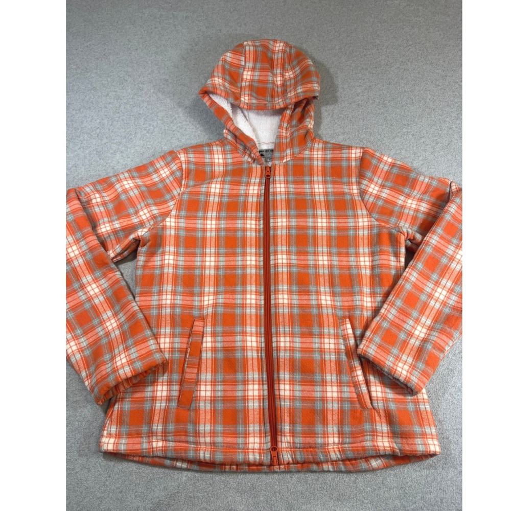 Riding Sport Sherpa Lined Plaid Hooded Jacket Women Small Orange Full Zip Fleece